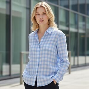 Sarah Alexandra Plaid Cotton Blue White Buttondown Shirt Made in Canada, Size 10